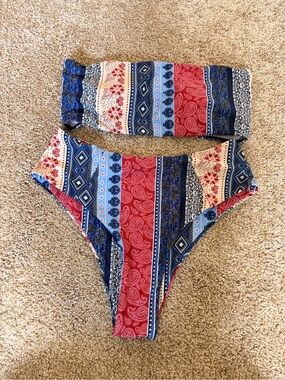 Striped Paisley Two-Piece Bikini - Red, Blue, Cream